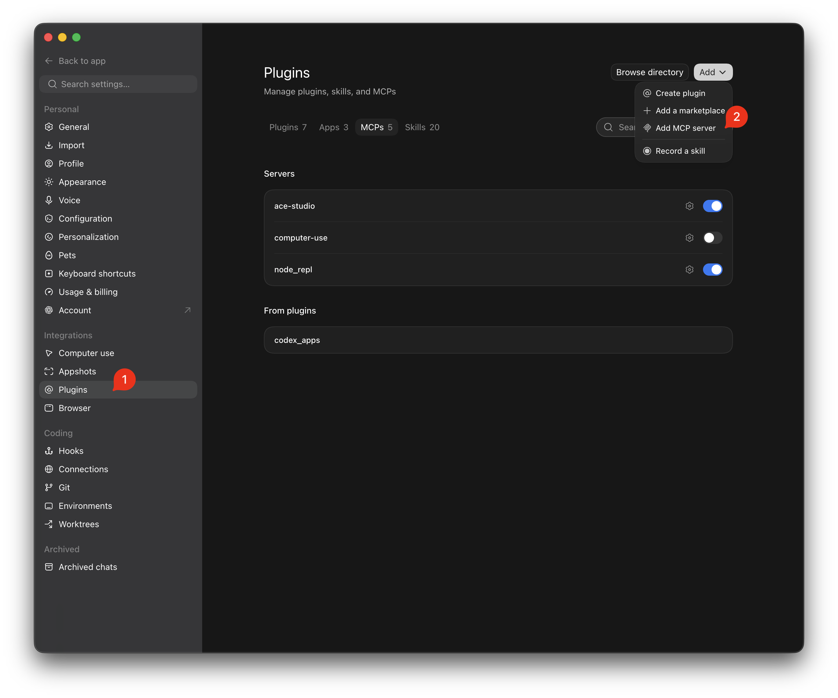 Integrations Plugins settings with Add MCP Server menu