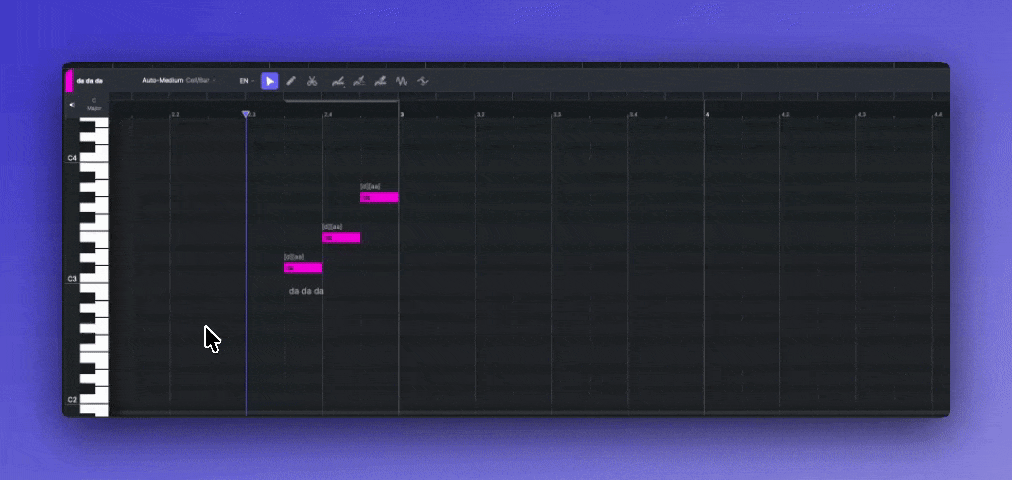 Editing a lyric by double-clicking a single note within the ACE Studio piano roll.